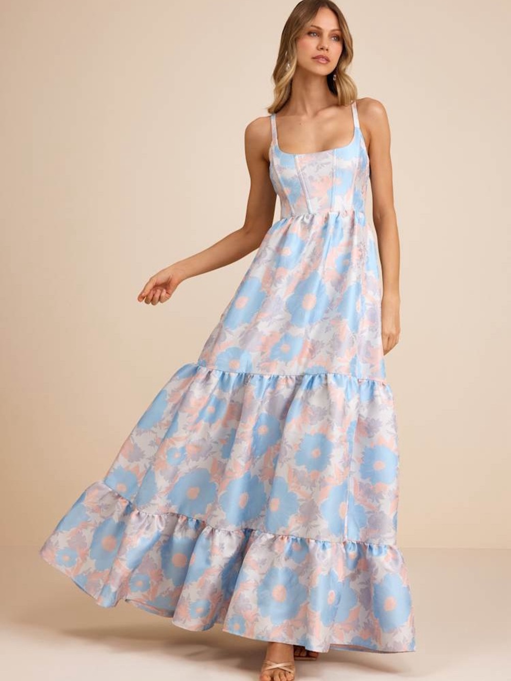 Pastel Blue & Pink Floral Maxi Dress